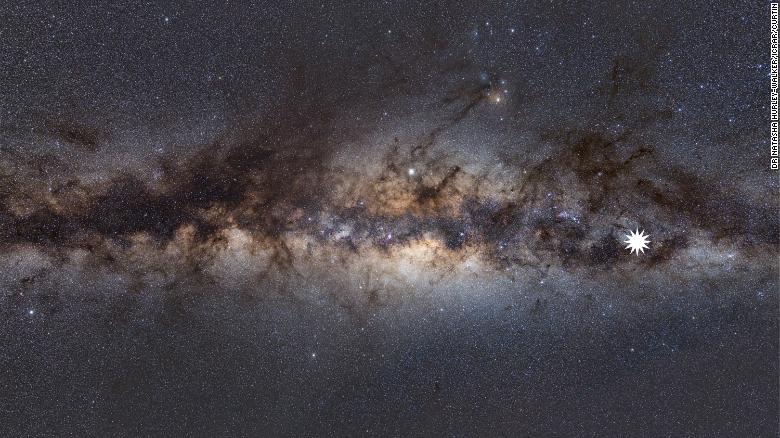Droga Mleczna widziana z Ziemi, a ikona oznacza lokalizację nieznanego obiektu / Źródło: CNN