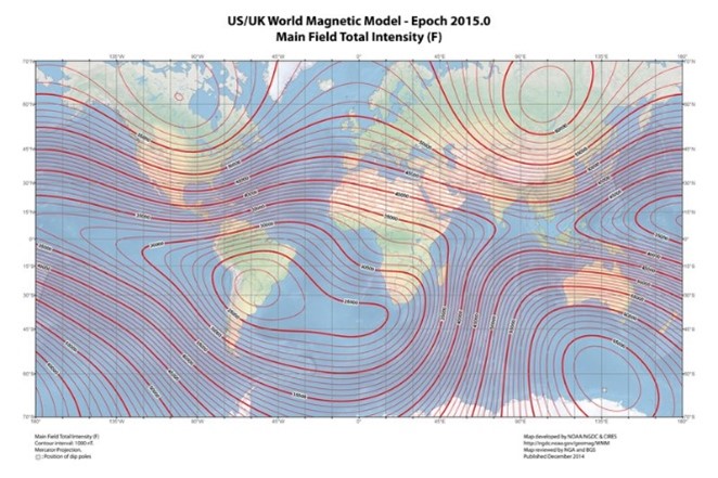 Intensywność ziemskiego pola magnetycznego w różnych miejscach powierzchni planety / Źródło: https://en.wikipedia.org/wiki/File:World_Magnetic_Field_2015.pdf