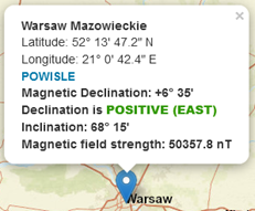 Parametry pola magnetycznego w Warszawie / Źródło: https://www.magnetic-declination.com/
