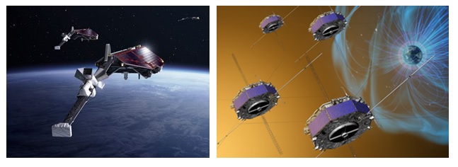Trzy satelity tworzące Rój (SWARM) i cztery satelity tworzące MMS /  Źródło: z lewej: https://earth.esa.int/eogateway/missions/swarm/description z prawej: https://en.wikipedia.org/wiki/Magnetospheric_Multiscale_Mission#/media/File:Artist_depiction_of_MMS_spacecraft_(SVS12239).png 