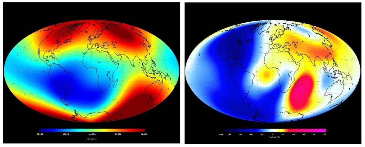 Pomiary z satelitów SWARM - po lewej: uśredniona wartość pola magnetycznego na powierzchni, po prawej zmiany wartości tego pola (oba zestawy danych zebrane w pół roku od stycznia do czerwca 2014) / Źródło: European Space Agency/Technical University of Denmark (ESA/DTU Space), https://climate.nasa.gov/news/3105/earths-magnetosphere-protecting-our-planet-from-harmful-space-energy/ 