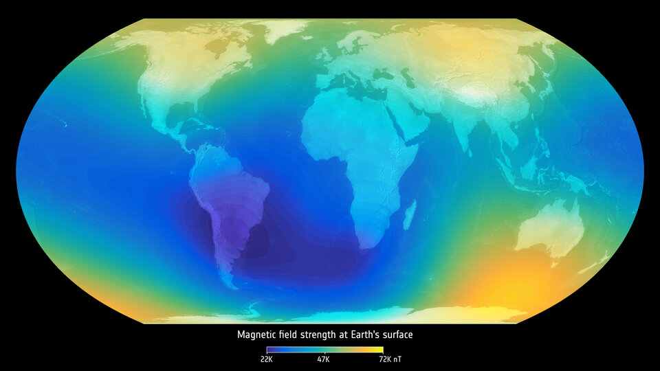 Siła pola magnetycznego na Ziemi / Źródło: ESA